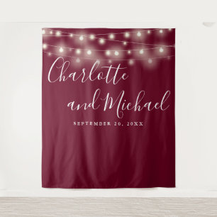 String Lights Burgundy Wedding Photo Backdrop Tapestry