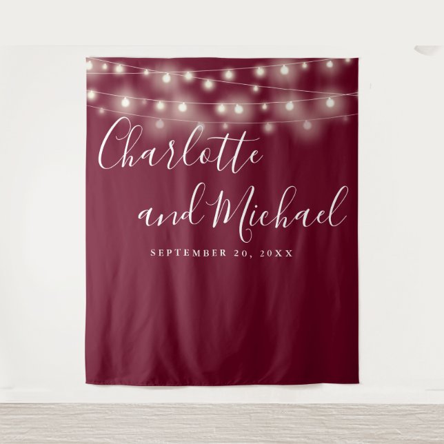 String Lights Burgundy Wedding Photo Backdrop Tapestry (Front)