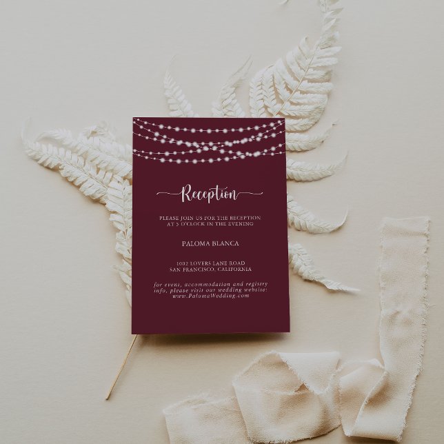 String Lights Burgundy Wedding Reception   Enclosure Card (Creator Uploaded)