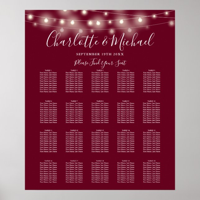 String Lights Burgundy Wedding Seating Chart (Front)