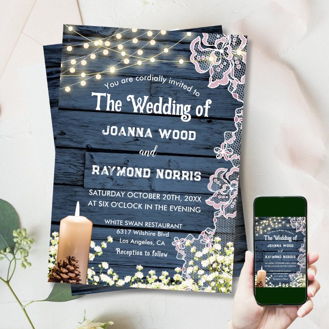 String Lights Candles & Lace Rustic Blue Wedding Invitation (Creator Uploaded)
