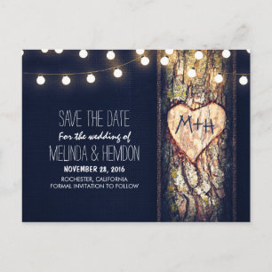 String lights carved heart rustic save the date announcement postcard