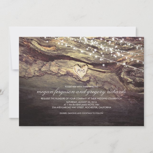 String Lights Carved Heart Rustic Wedding Invitation (Front)