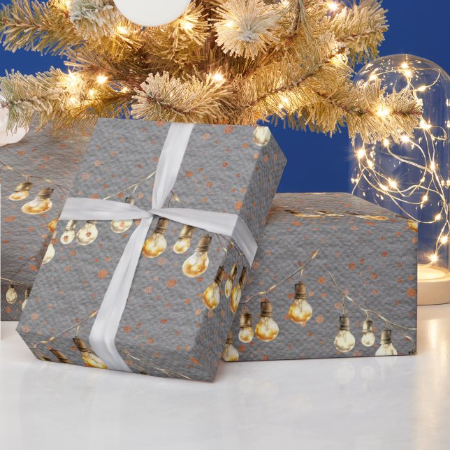 String Lights Christmas Bulbs Golden Snow Wrapping Paper (Holidays)