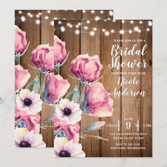 String Lights & Country Flowers Rustic Barn Wood Invitation (Front/Back)