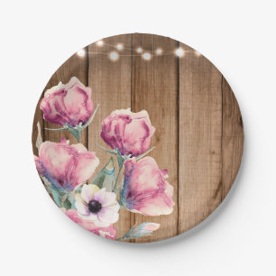 String Lights & Country Flowers Rustic Barn Wood Paper Plate