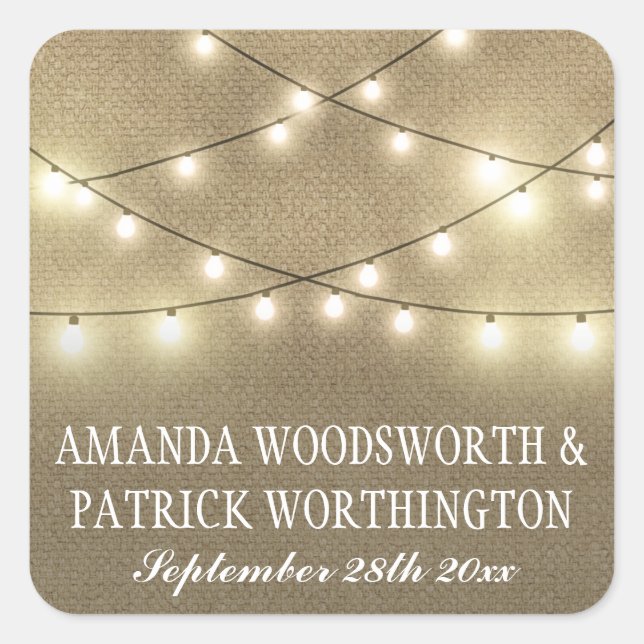 String Lights Country Rustic Burlap Wedding Favour Square Sticker (Front)