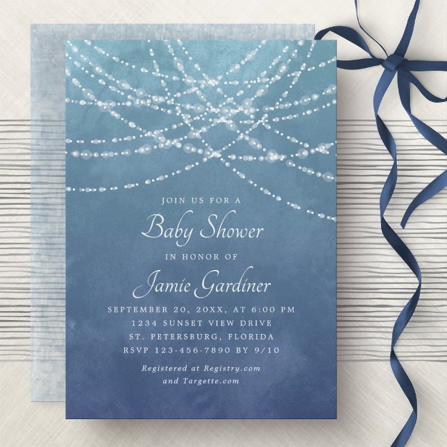 String Lights Dusty Blue Boy Baby Shower Invitation (Creator Uploaded)
