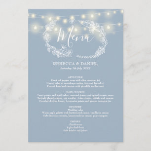 String Lights Dusty Blue Floral Wedding Menu