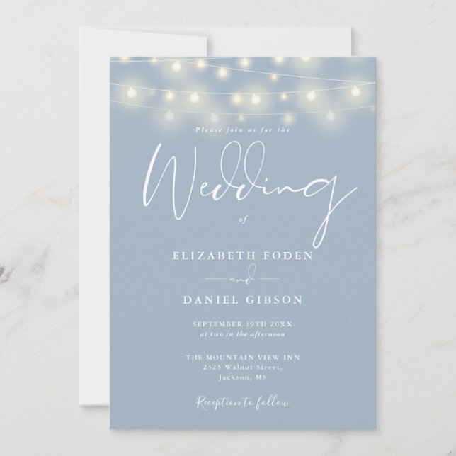 String Lights Dusty Blue QR Code Wedding Invitation (Front)