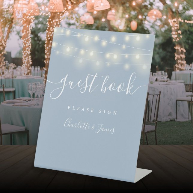 String Lights Dusty Blue Script Guest Book Pedestal Sign (String Lights Dusty Blue Script Guest Book Pedestal Sign)