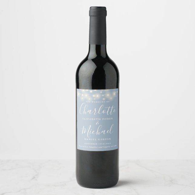 String Lights Dusty Blue Signature Script Wedding Wine Label (Front)