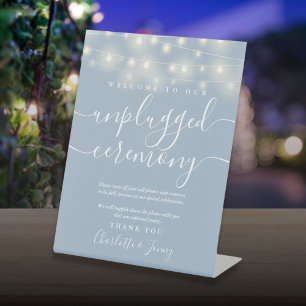 String Lights Dusty Blue Unplugged Ceremony Pedestal Sign