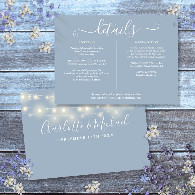 String Lights Dusty Blue Wedding Details Info Invitation (String Lights Dusty Blue Wedding Details Info Invitation)