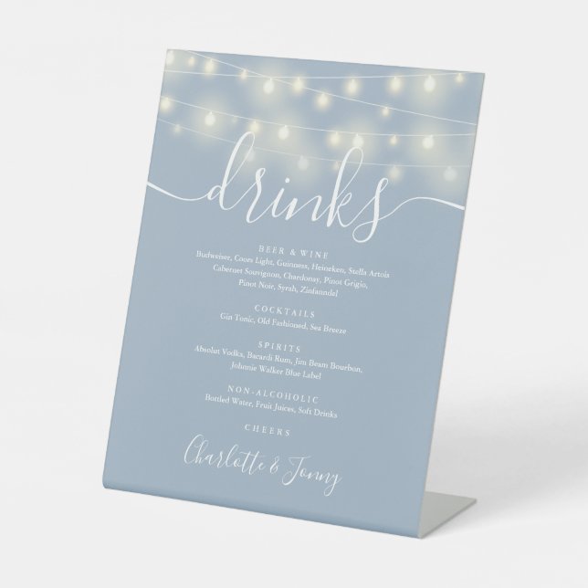 String Lights Dusty Blue Wedding Drinks Menu  Pedestal Sign (Front)