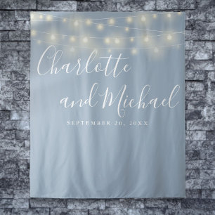 String Lights Dusty Blue Wedding Photo Backdrop Tapestry