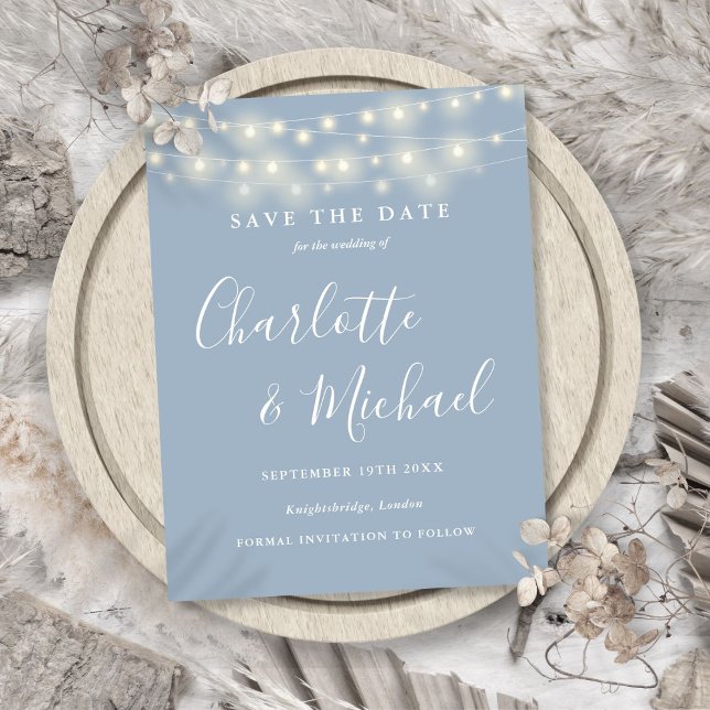 String Lights Dusty Blue Wedding Save the Date Postcard (String Lights Dusty Blue Wedding Save the Date Postcard)