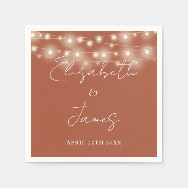 String Lights Elegant Script Terracotta Wedding Napkin (Front)