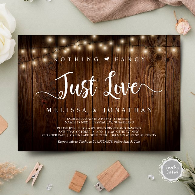 String Lights, Elopement, Nothing Fancy Just Love Invitation (Nothing Fancy Just Love Invitation Card, Modern Rustic String Lights, Cottage Brown Wood.)