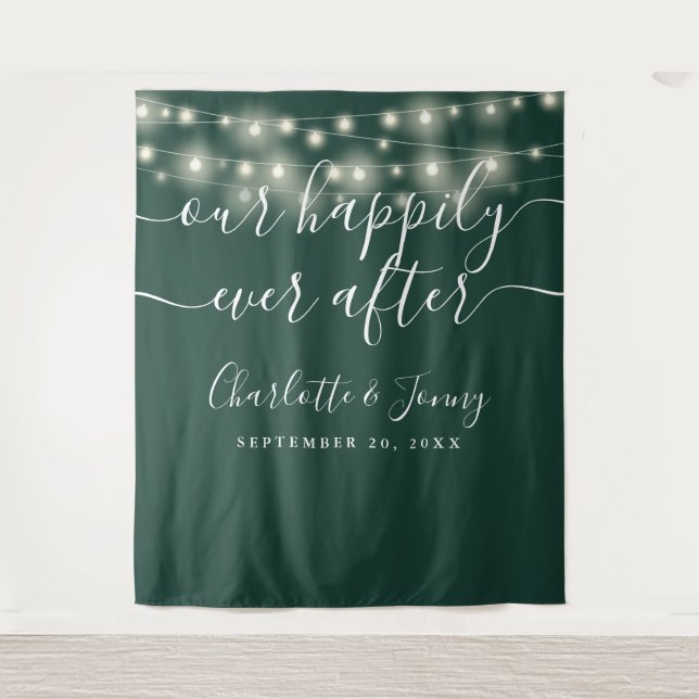 String Lights Emerald Green Wedding Photo Backdrop Tapestry (Front)