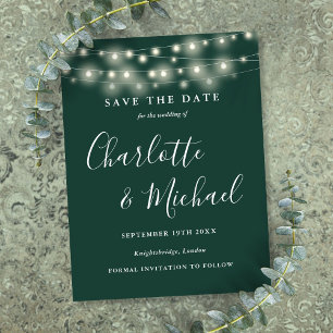 String Lights Emerald Green Wedding Save the Date Postcard