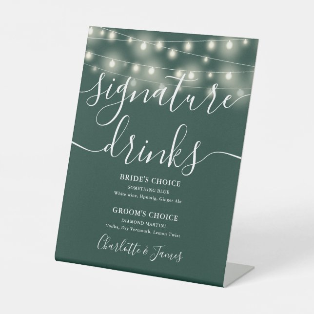 String Lights Emerald Wedding Signature Drinks Pedestal Sign (Front)