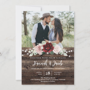 String Lights Eucalyptus & Burgundy Floral Wedding Invitation