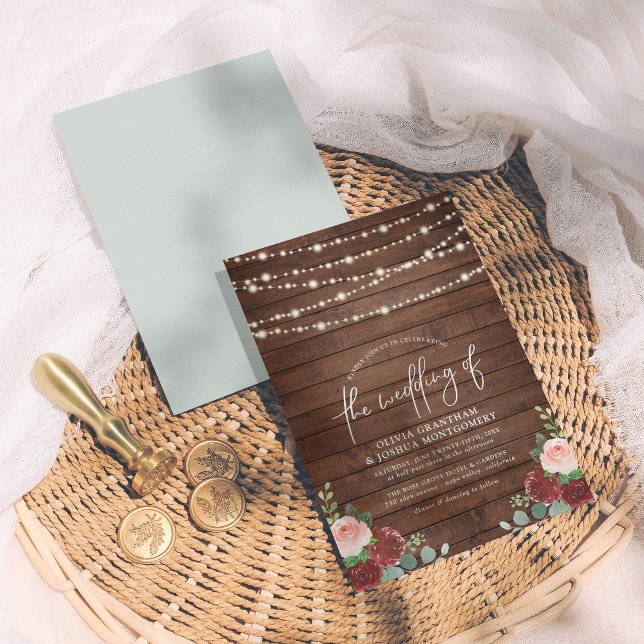 String Lights Eucalyptus & Burgundy Floral Wedding Invitation (Creator Uploaded)