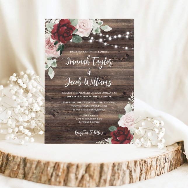 String Lights Eucalyptus & Burgundy Rustic Wedding Invitation (Creator Uploaded)