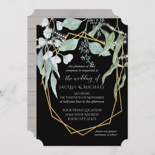 String Lights Eucalyptus Geometric Wood Watercolor Invitation (Front/Back)