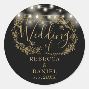 String Lights Floral Black And Gold Wedding Classic Round Sticker