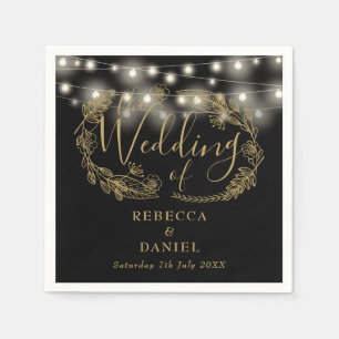 String Lights Floral Black And Gold Wedding Napkin