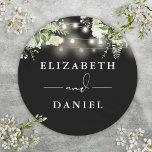 String Lights Floral Black And White Wedding Favou Classic Round Sticker<br><div class="desc">Elegant black and white floral greenery string lights sticker personalised with your names. Designed by Thisisnotme©</div>