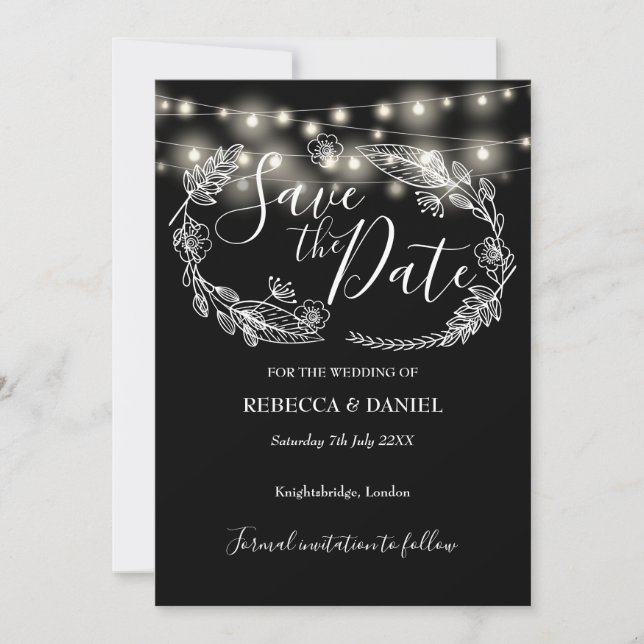 String Lights Floral Black And White Wedding Save The Date (Front)