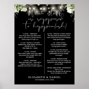 String Lights Floral Black White Wedding Itinerary Poster