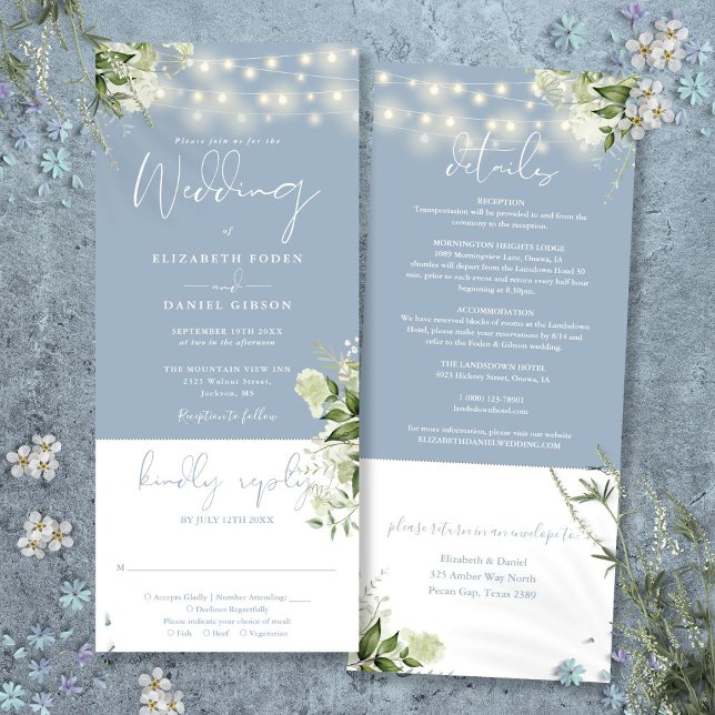 String Lights Floral Dusty Blue All In One Wedding Invitation (String Lights Floral Dusty Blue All In One Wedding Invitation)