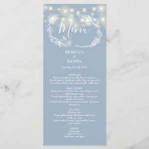 String Lights Floral Dusty Blue Wedding Menu