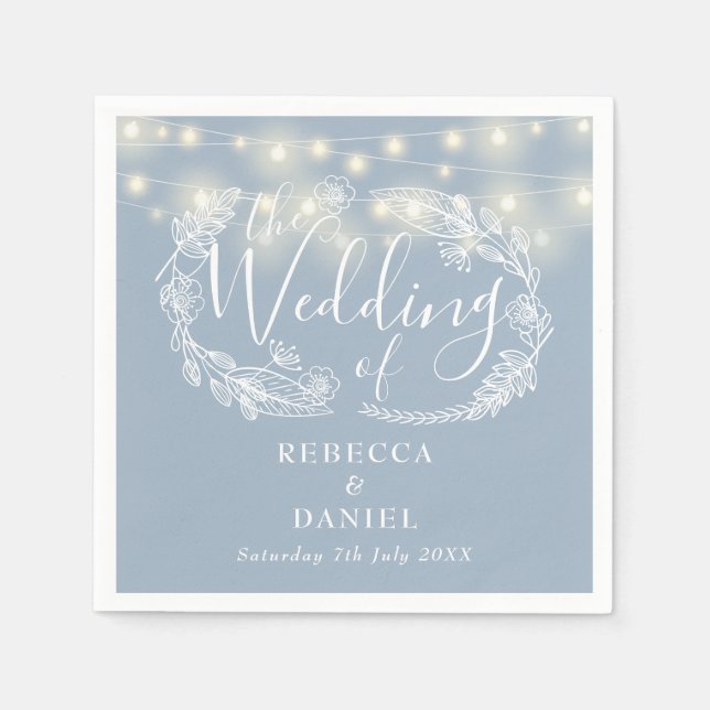 String Lights Floral Dusty Blue Wedding Napkin (Front)