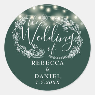 String Lights Floral Emerald Green Wedding Classic Round Sticker