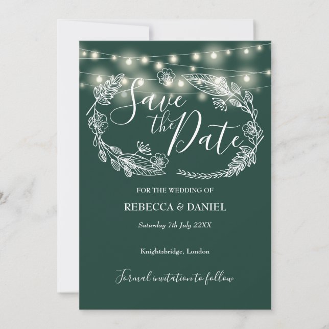 String Lights Floral Emerald Green Wedding Save The Date (Front)