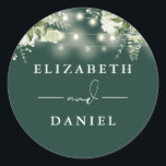 String Lights Floral Emerald Wedding Favour Classic Round Sticker<br><div class="desc">Elegant emerald green floral greenery string lights sticker personalised with your names. Designed by Thisisnotme©</div>