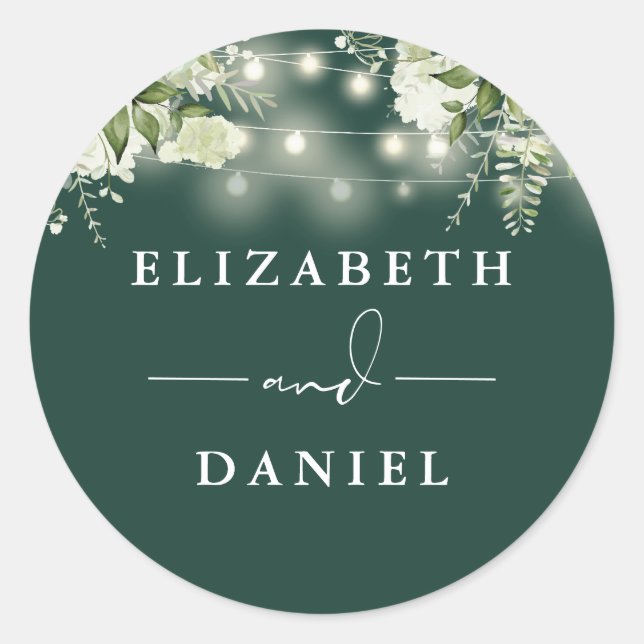 String Lights Floral Emerald Wedding Favour Classic Round Sticker (Front)