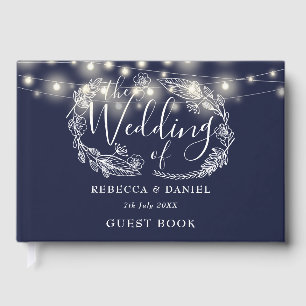 String Lights Floral Navy Blue Wedding Guest Book