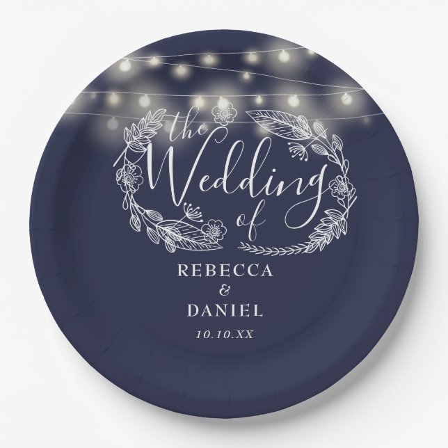 String Lights Floral Navy Blue Wedding Paper Plate (Front)