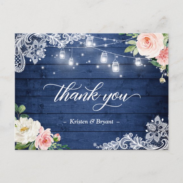 String Lights Floral Rustic Blue Wedding Thank You Postcard (Front)