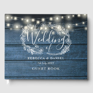 String Lights Floral Rustic Blue Wood Wedding Guest Book