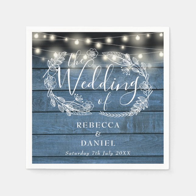 String Lights Floral Rustic Blue Wood Wedding Napkin (Front)