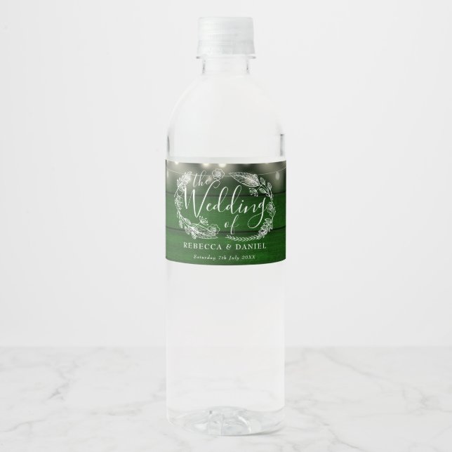 String Lights Floral Rustic Emerald Green Wedding Water Bottle Label (Front)