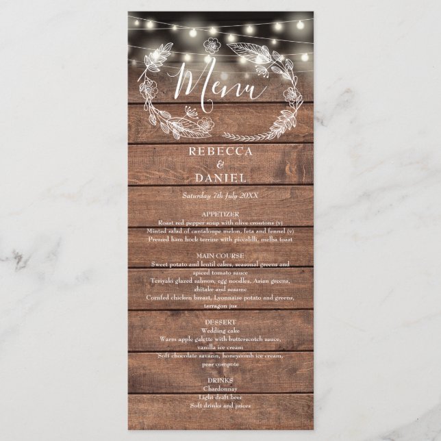 String Lights Floral Rustic Wood Wedding Menu (Front)