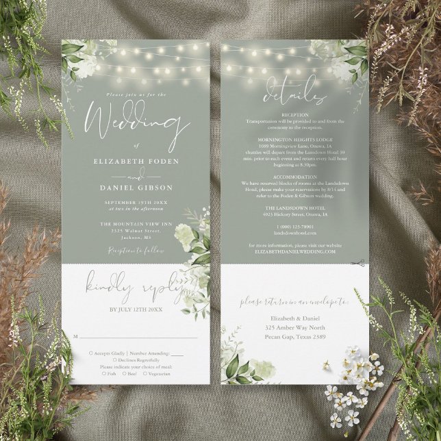 String Lights Floral Sage Green All In One Wedding Invitation (String Lights Floral Sage Green All In One Wedding Invitation)